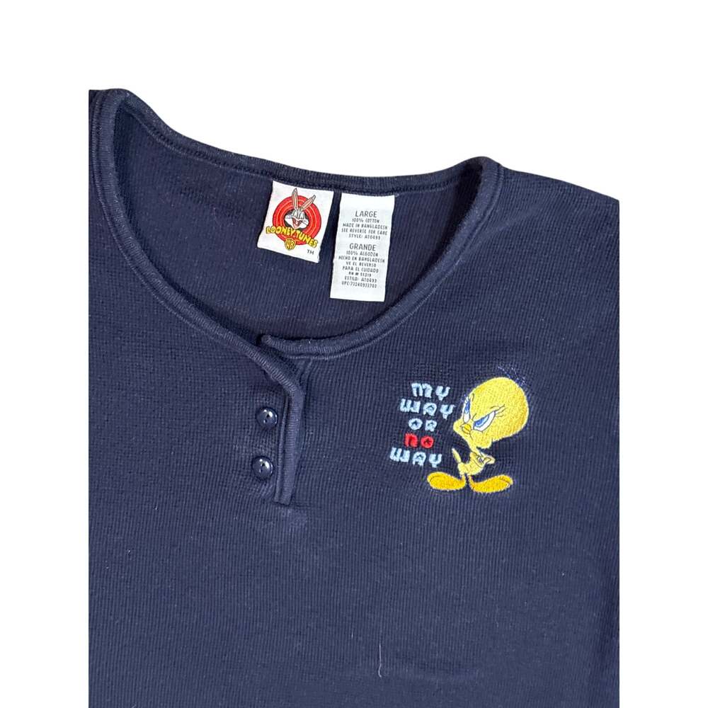 Vintage 90s Tweety Bird Looney Tunes Shirt Womens XL Blue Slim Fit Y2K Waffle